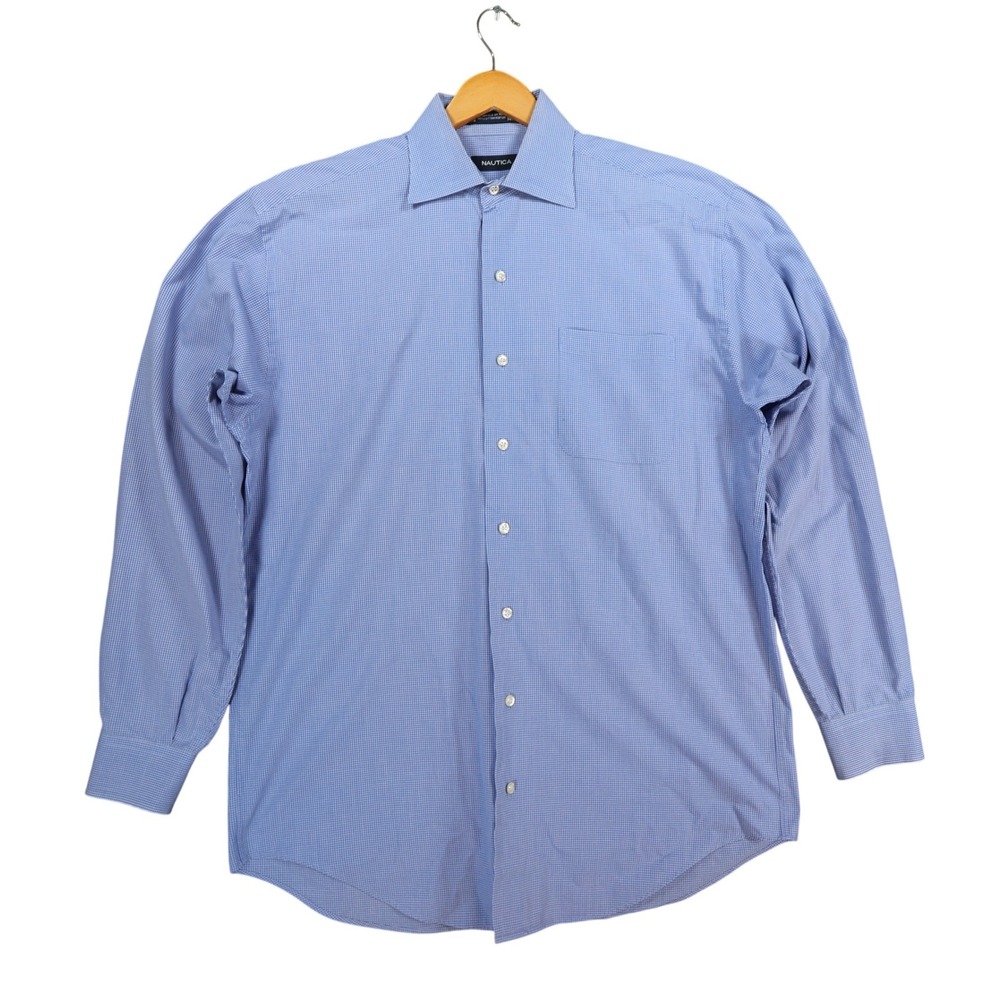 Nautica‎ Button Down Shirt Mens 15.5 Blue Cotton Regular Fit Micro Check Dress